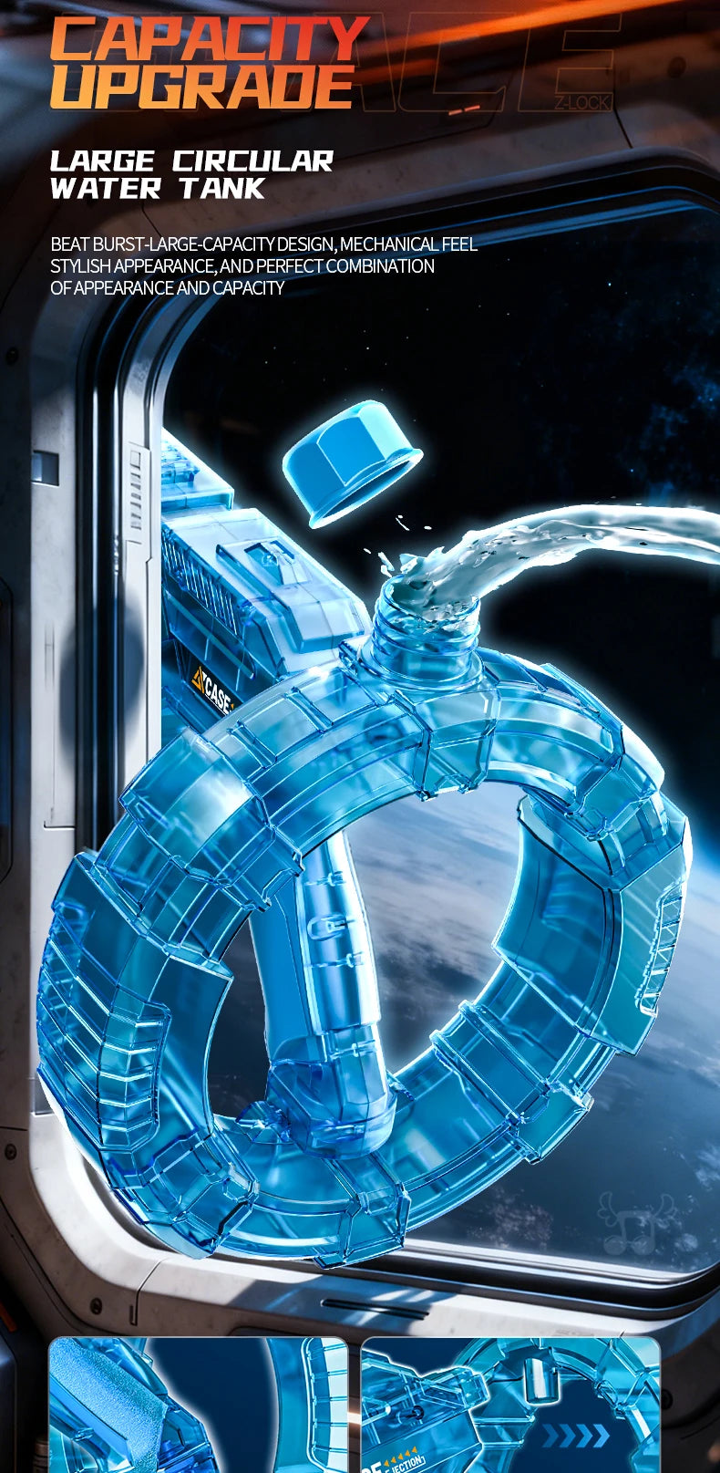 A close-up of a blue LED electric water blaster with a circular tank design being used to spray water.