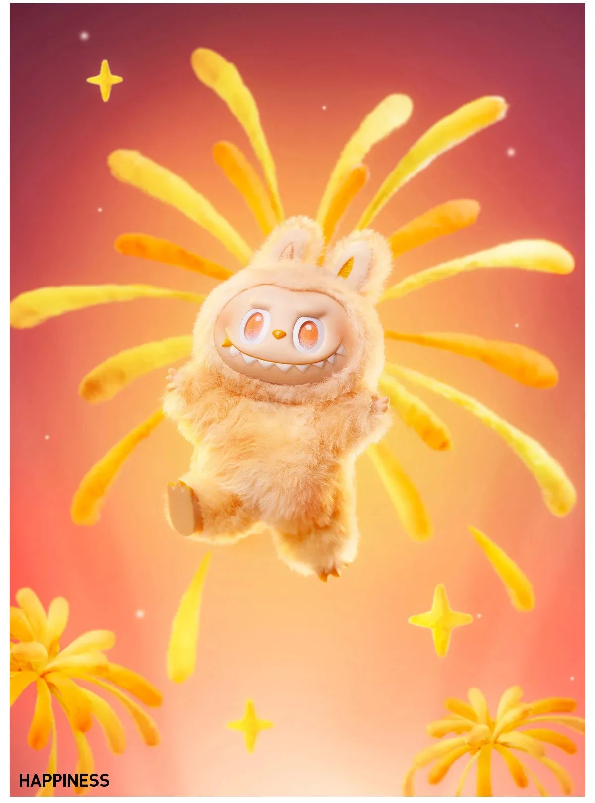 A fluffy, light brown Labubu vinyl plush pendant is shown against a warm orange and pink background with yellow spiky element
