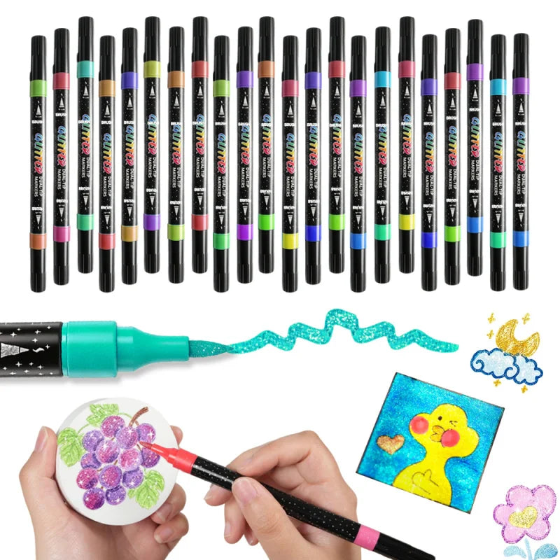 A set of 48 color dual-tip glitter brush markers, including a brush pen and an illustration of a yellow cloud.