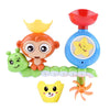A colorful cartoon monkey shower toy with a water sprinkler for kids featuring various fruit-shaped components.