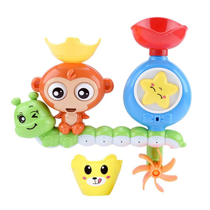 A colorful cartoon monkey shower toy with a water sprinkler for kids featuring various fruit-shaped components.