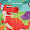 A jigsaw puzzle depicting a red dinosaur in a jungle setting.