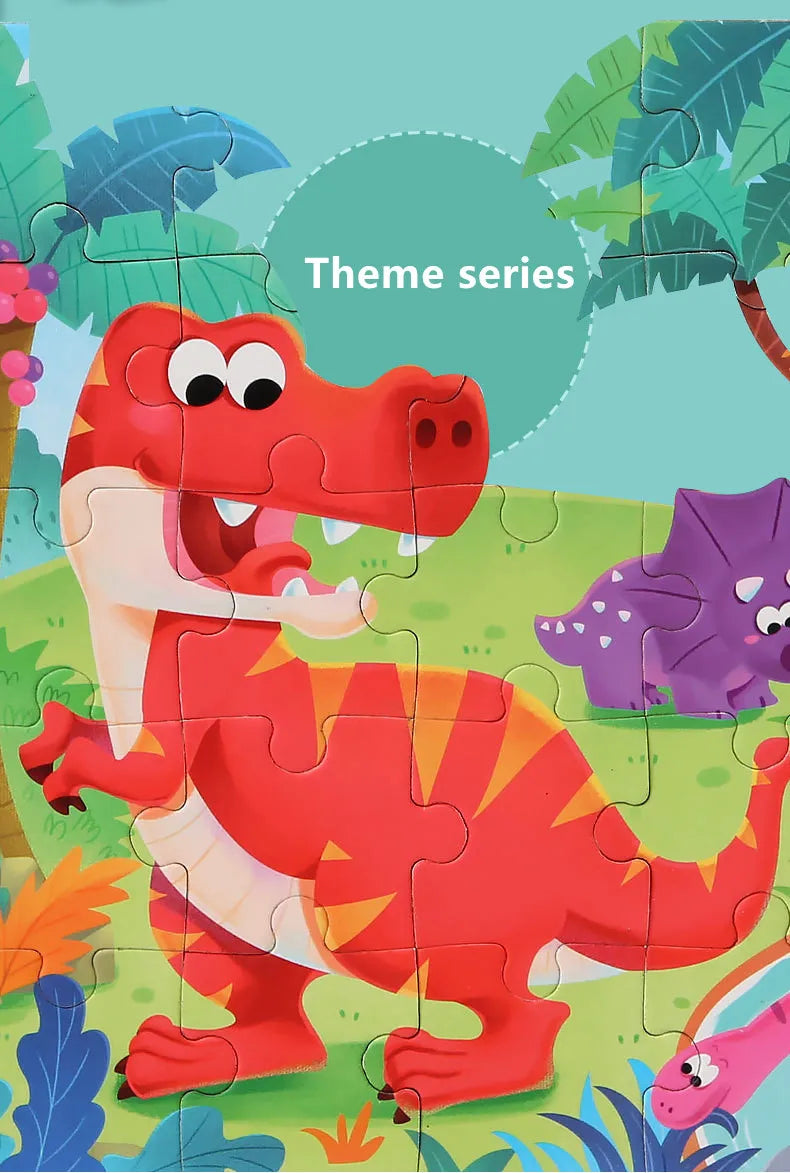A jigsaw puzzle depicting a red dinosaur in a jungle setting.