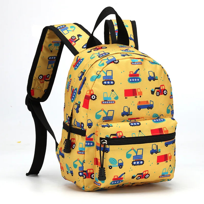 A yellow cartoon kids backpack featuring various toy vehicles and colorful illustrations.