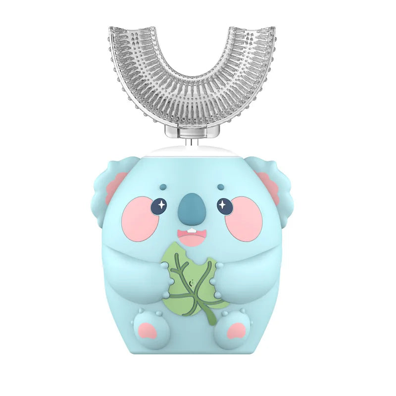 A light blue elephant-shaped electric toothbrush with a silver U-shaped brush head and a timer feature.
