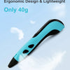 A close-up view of a light blue and black 3D printing pen, highlighting its ergonomic design.