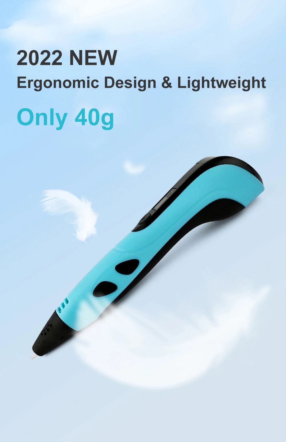 A close-up view of a light blue and black 3D printing pen, highlighting its ergonomic design.