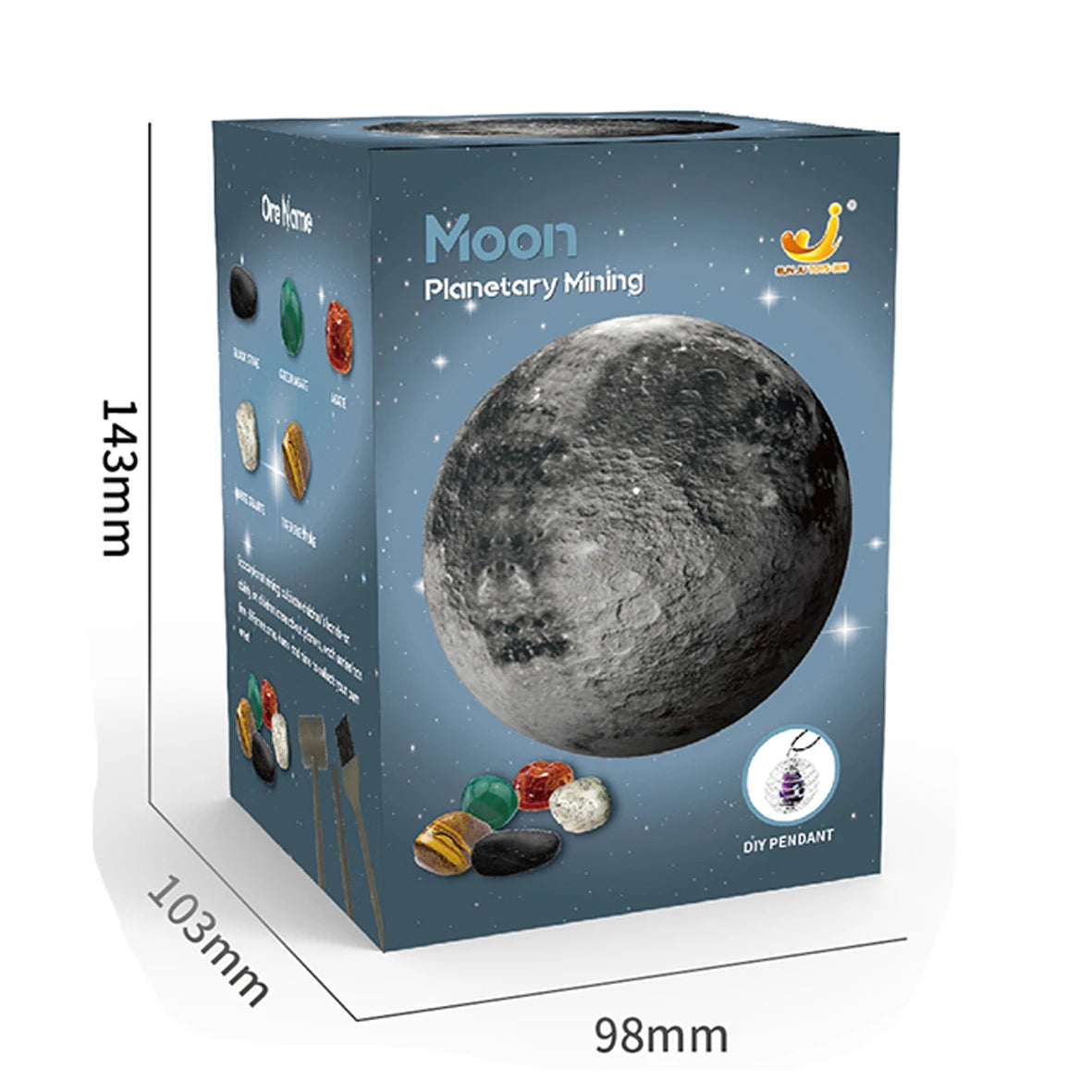 A box containing a Moon Planetary Mining kit for kids with various gems and tools.