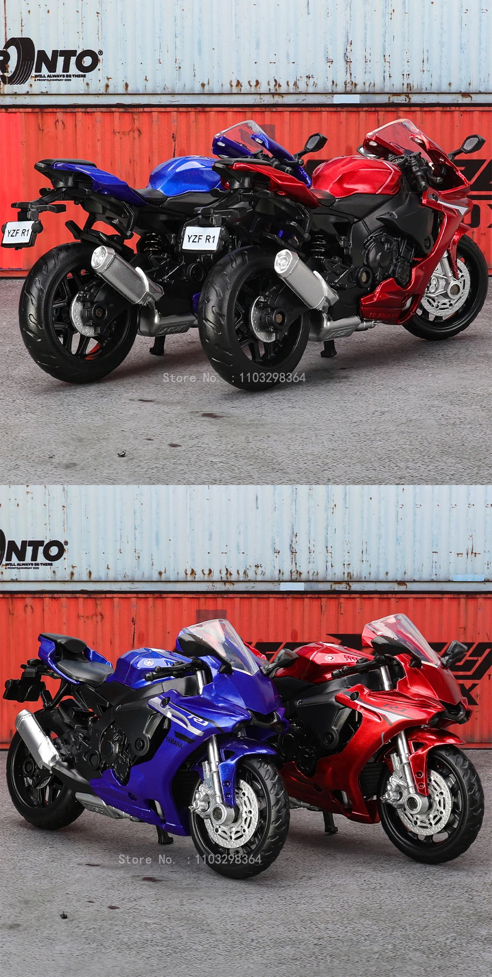 A collection of three die-cast motorcycle models in blue, red, and black colors displayed against a corrugated metal backgrou