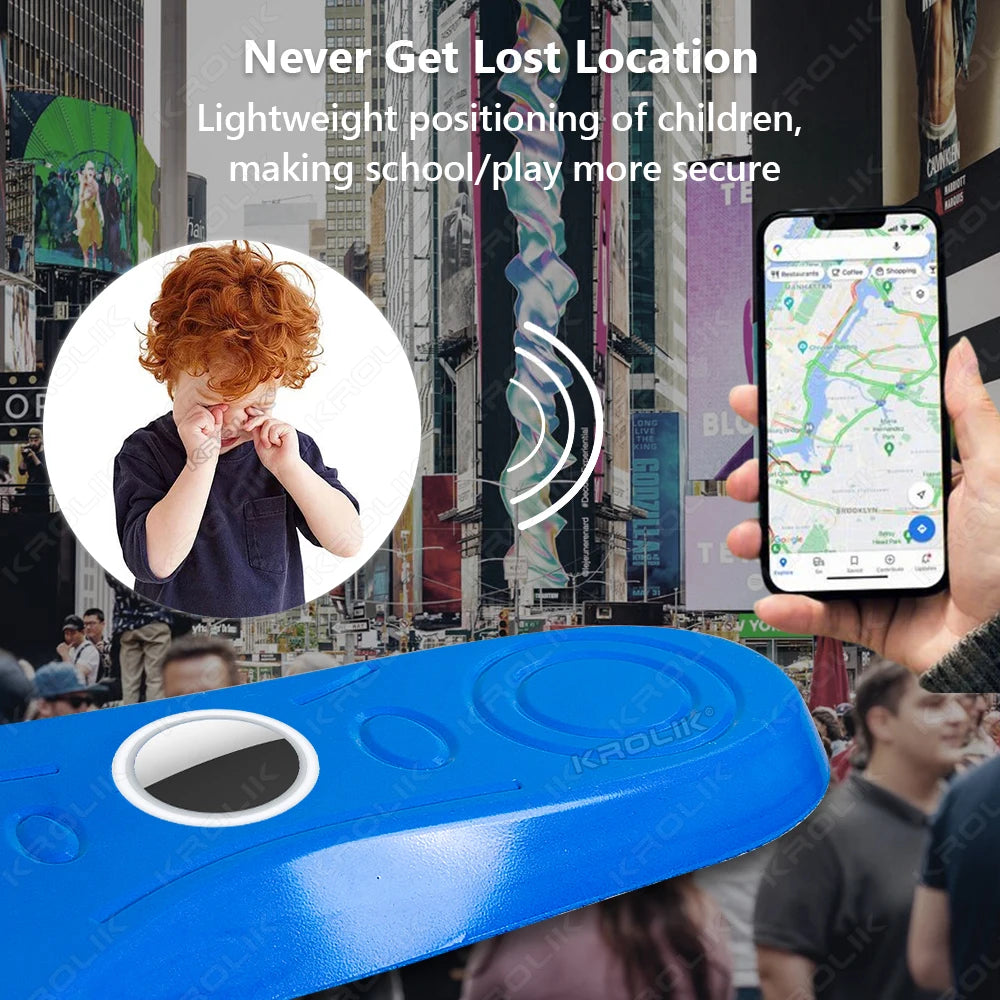 A blue insole with a circular sensor is shown next to a hand holding a smartphone displaying a map.
