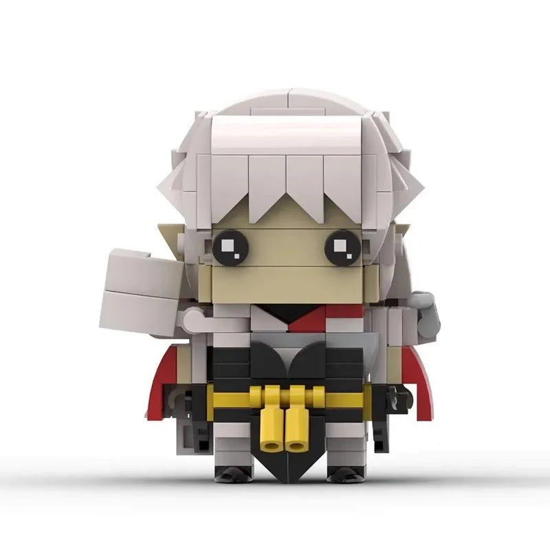 A stylized anime-inspired collectible building block figure with light gray hair and a dark outfit.