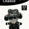 A black and white patterned plush rabbit toy with large eyes and a hat, displayed against a white background.