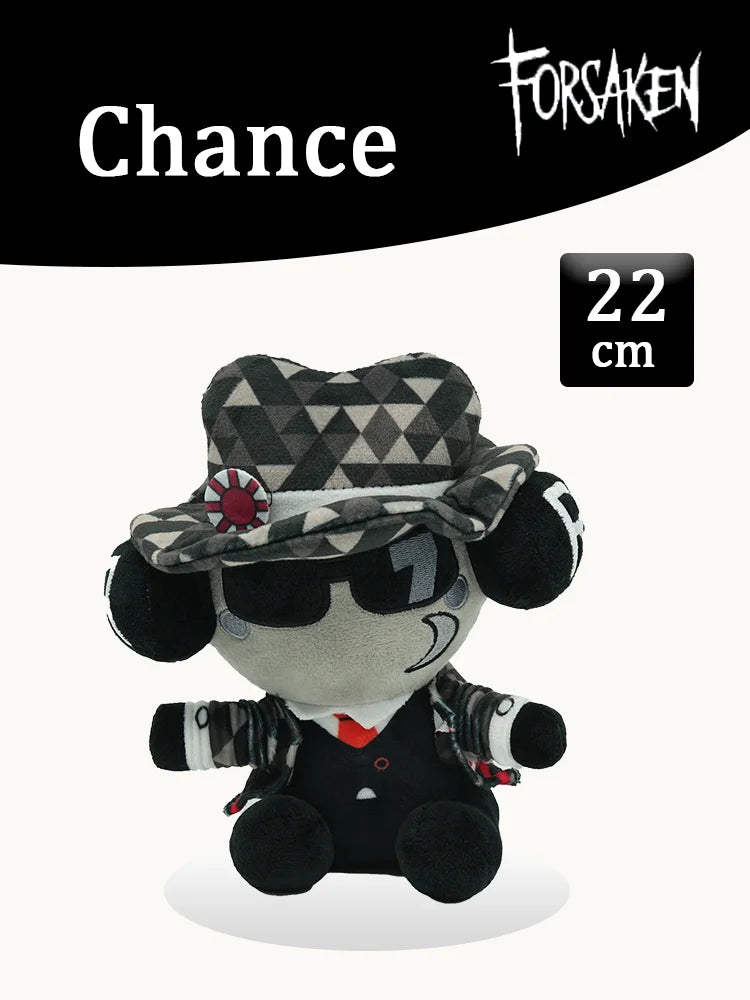 A black and white patterned plush rabbit toy with large eyes and a hat, displayed against a white background.