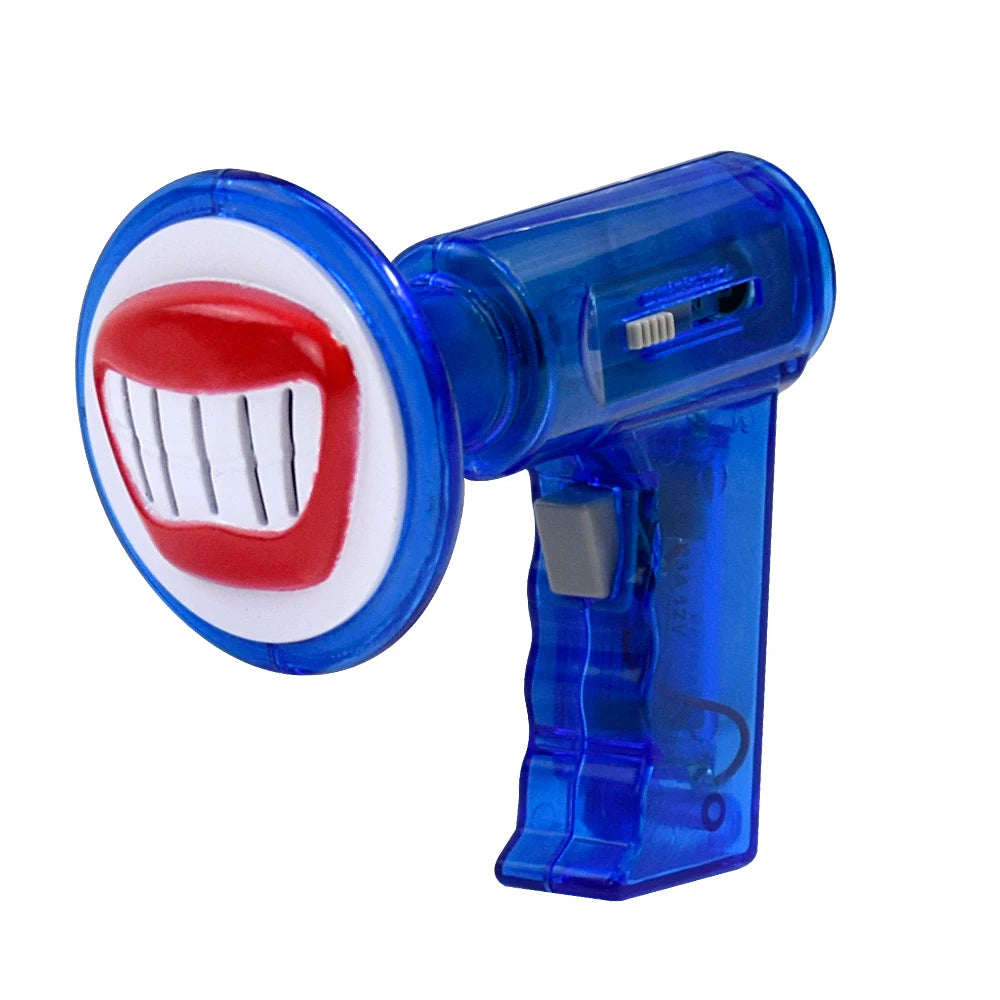 Blue voice changer toy with a red mouth sound effect and a clear plastic body.