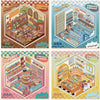 Four colorful display boxes featuring cute cabin scenes and various items for a DIY sticker book