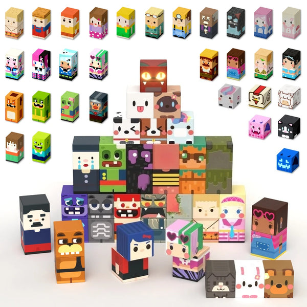 A collection of magnetic building blocks shaped like various characters and animals in colorful and dark tones.