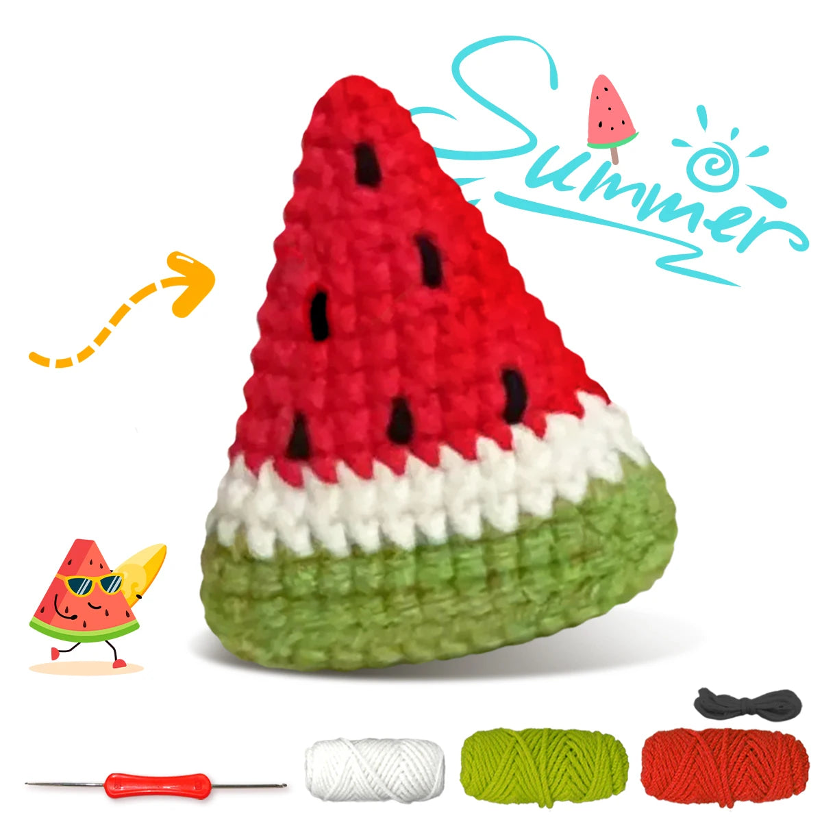 A crochet starter kit for fruit featuring a watermelon, along with yarn and a needle.