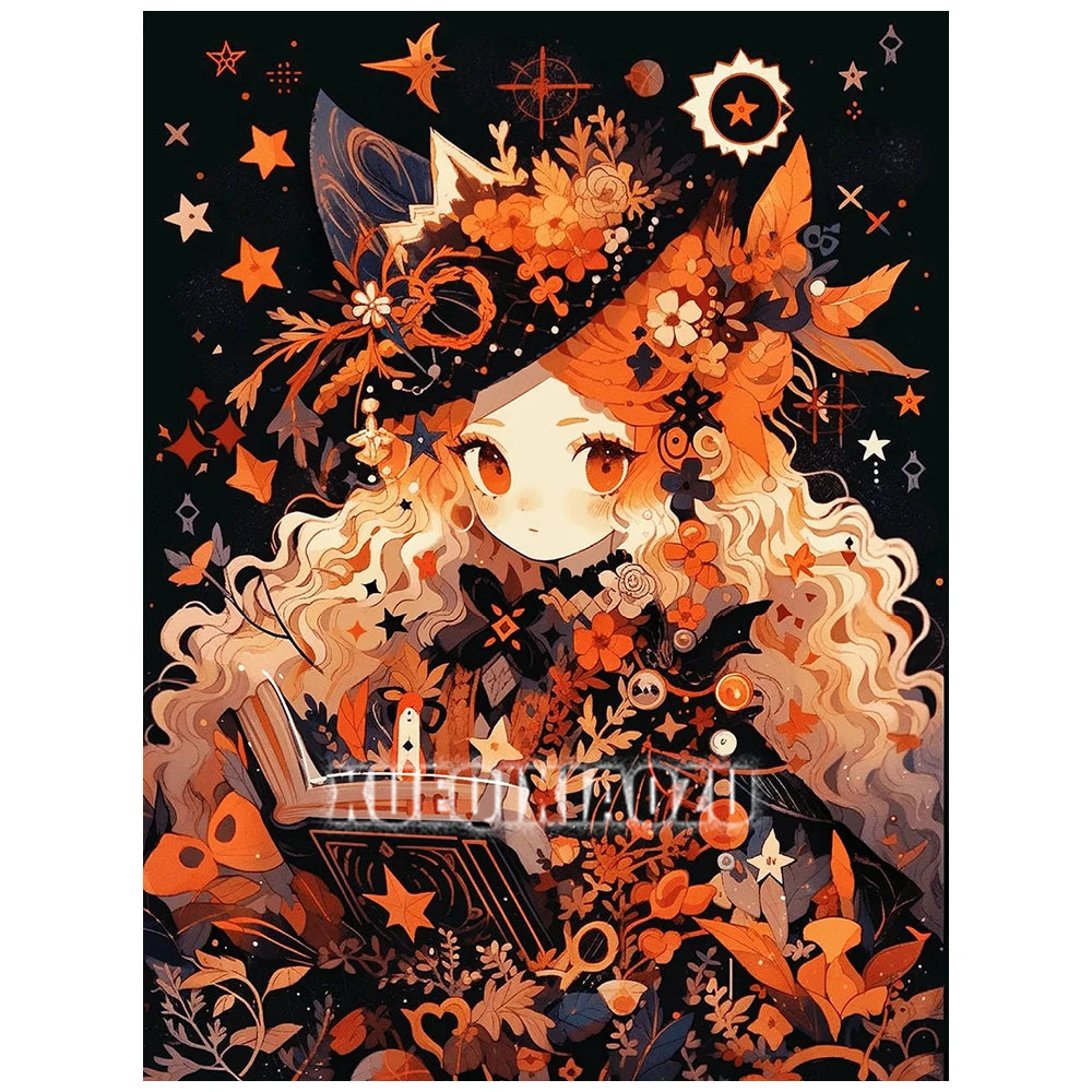 A detailed diamond painting featuring an orange-haired girl with flowing hair and a crown of flowers against a dark backgroun