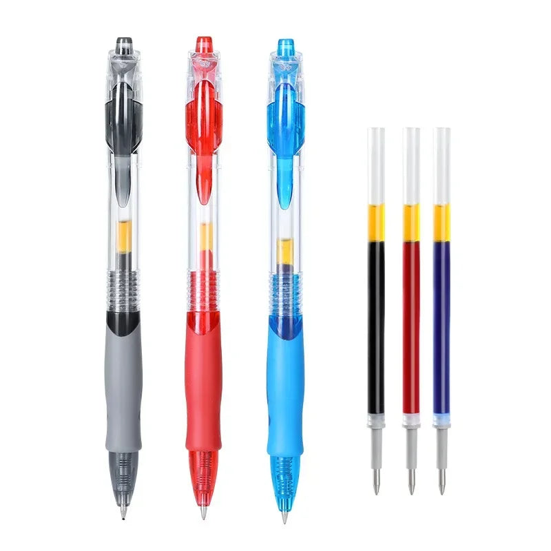 A set of five retractable gel pens in various colors including black, gray, red, and blue.