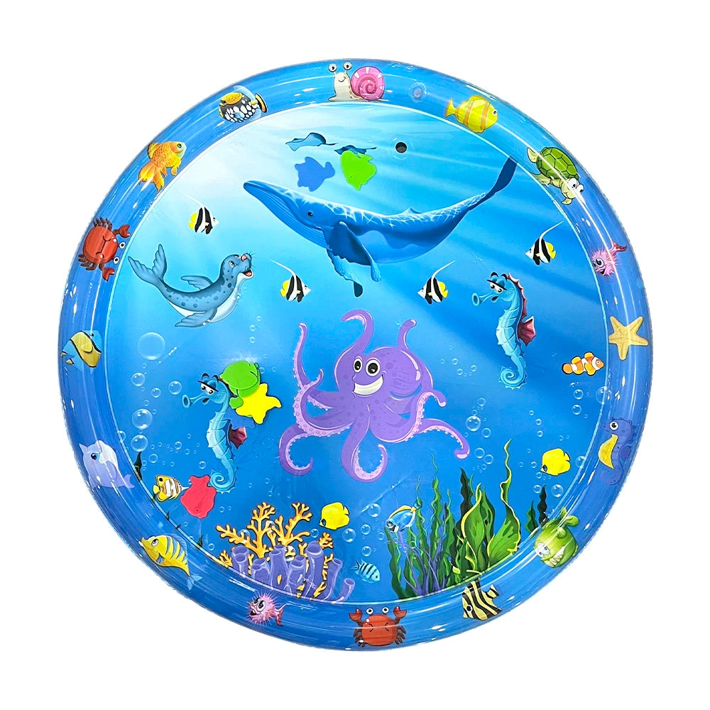 A circular blue baby water play mat filled with colorful sea animals and learning elements.