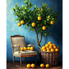 A still life painting featuring a lemon tree, a wooden chair, and a basket of yellow lemons.