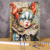 A painting of a clown face with striped makeup and red ears, featuring vibrant colors and textures.
