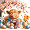 A fluffy orange Highland cattle puppy and a small orange tabby kitten surrounded by pink blossoms and Easter eggs.
