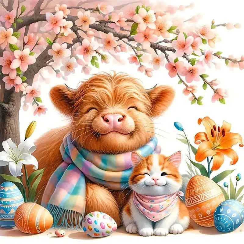 A fluffy orange Highland cattle puppy and a small orange tabby kitten surrounded by pink blossoms and Easter eggs.