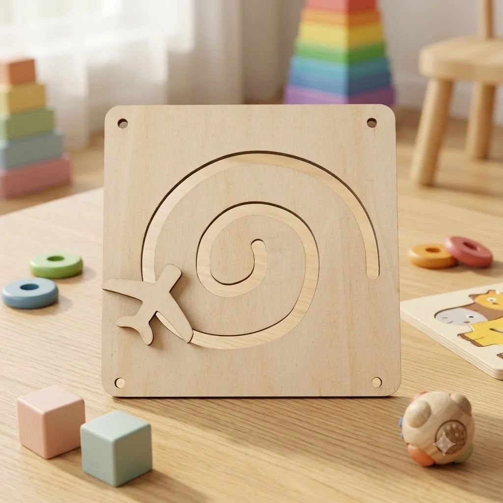 A wooden Montessori sensory activity board featuring a swirl design and an airplane cutout on a light wood background.