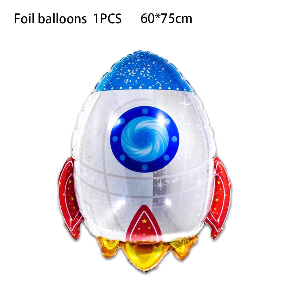 A white foil balloon shaped like a rocket with blue and purple accents and a swirling blue design.