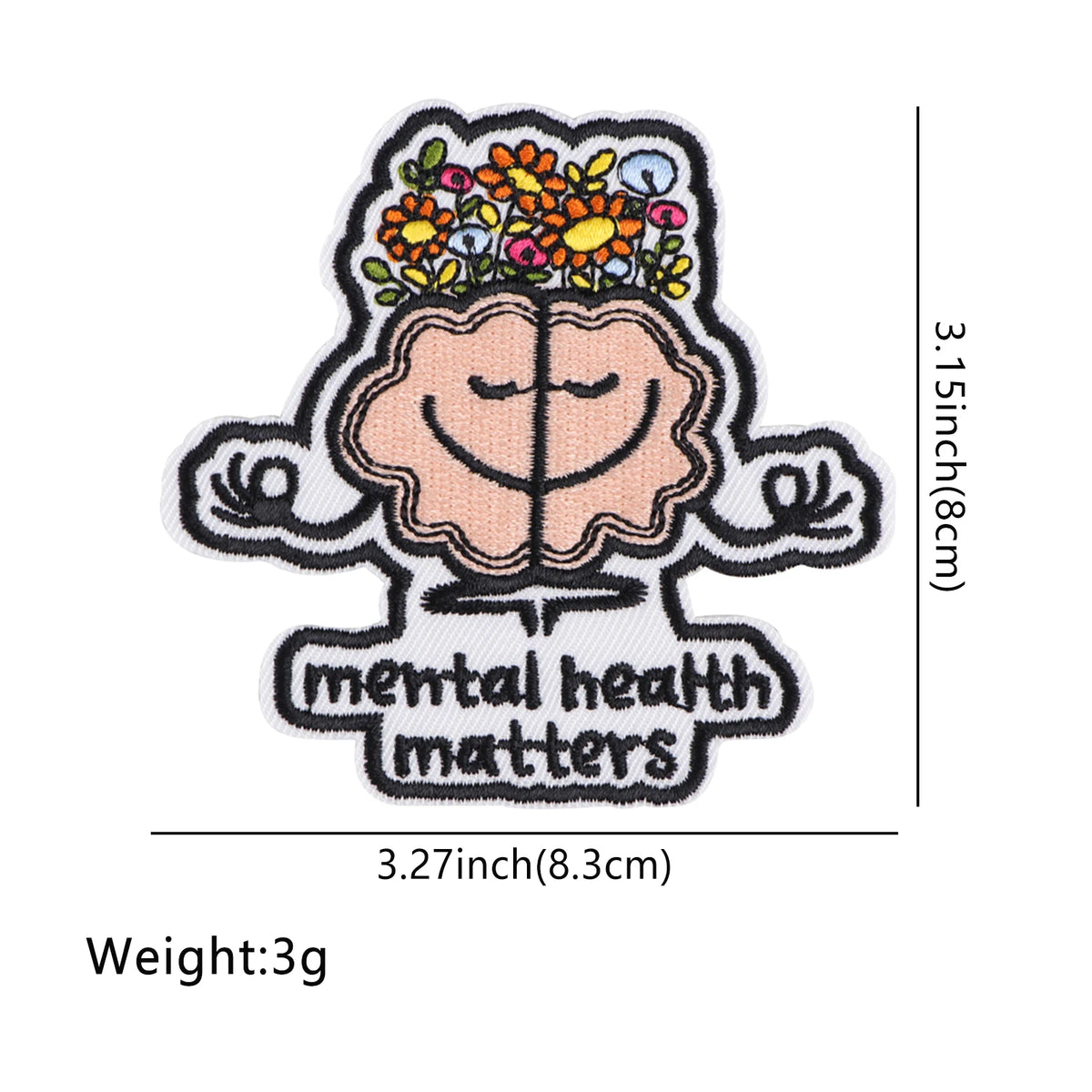 An embroidered patch depicting a brain with flowers on top and the text Mental Health Matters.