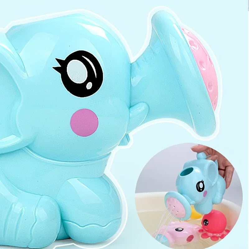 A light blue elephant watering can bath toy for kids with a pink spout and various colored bath accessories.