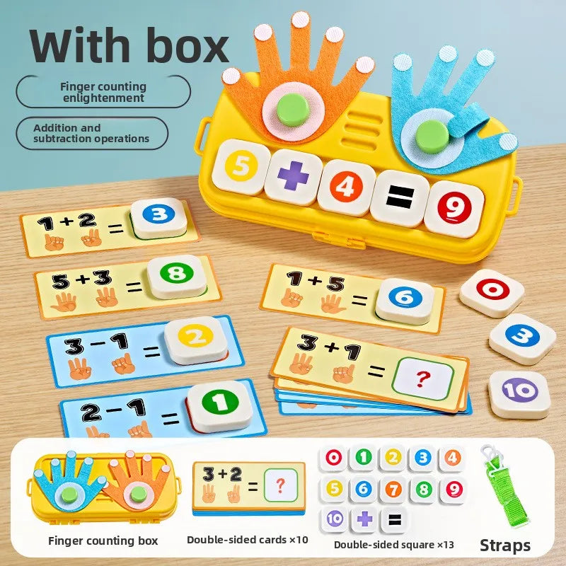 A yellow finger counting box with number cards and a green finger counting box and straps.