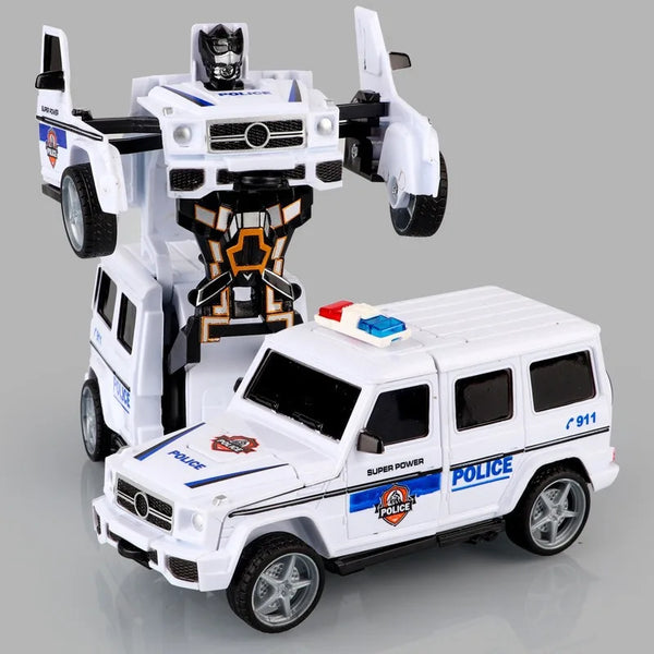 A white transforming diecast robot car model with a police vehicle and a larger robot figure.