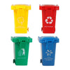 A set of four plastic recycling bins in yellow, red, green, and blue for children's toys