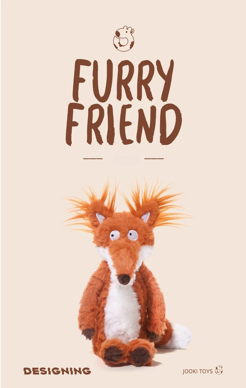 A fluffy orange fox plushie with white accents sitting on a light background.