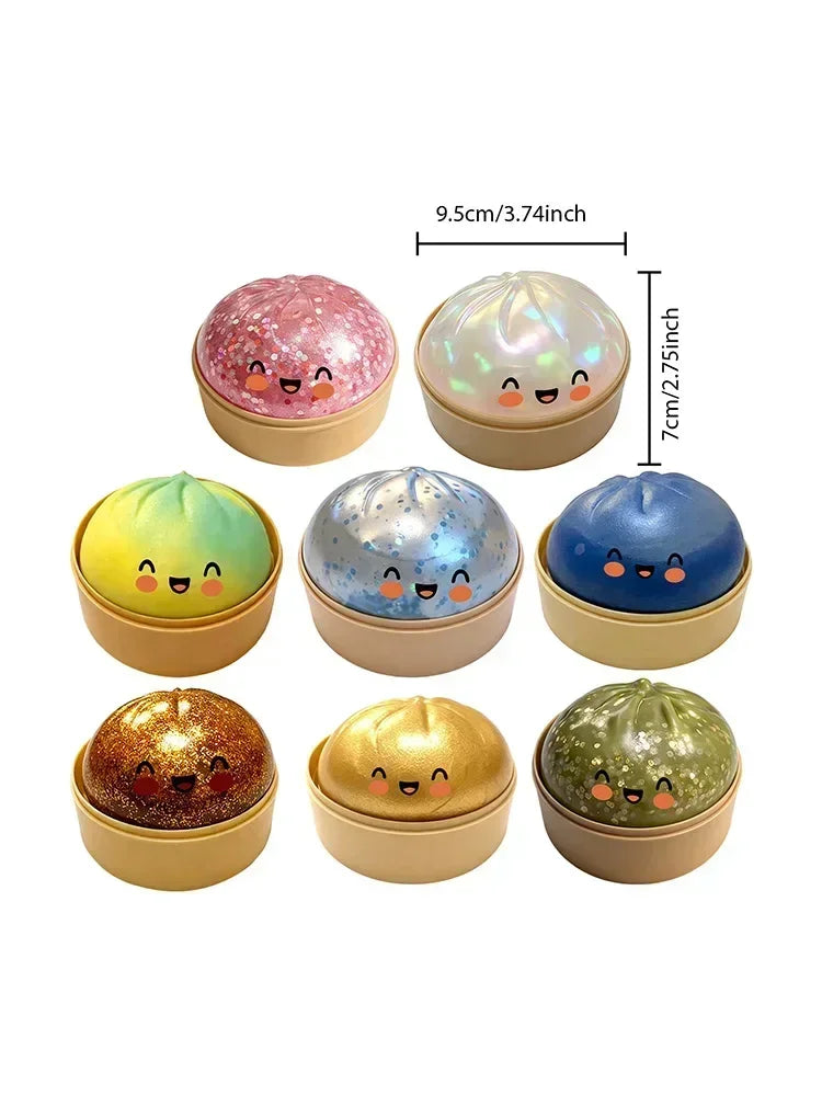 A set of six colorful squishy stress relief toys shaped like dumplings with cute faces.