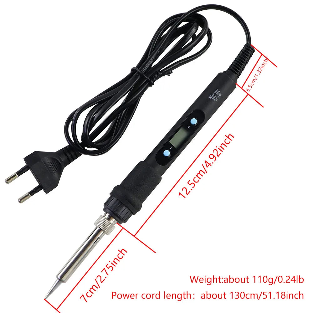 A black precision soldering iron with a digital display and adjustable temperature, shown with its power cord.