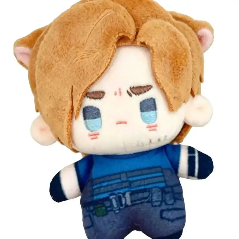 A plush doll set featuring characters Leon and Ashley from Resident Evil 9 with light brown hair and blue clothing.
