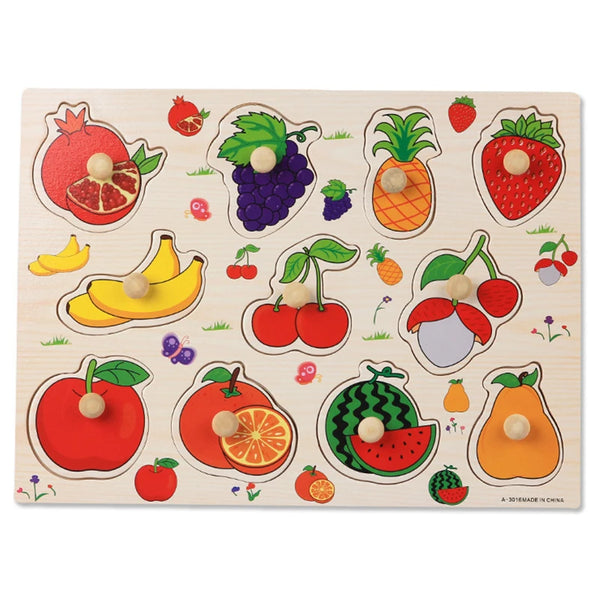Wooden alphabet puzzles featuring various colorful fruits and vegetables for toddlers