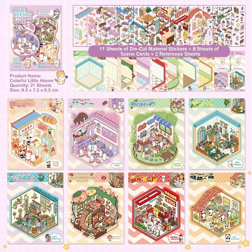 A collection of 11 sheets of die-cut material stickers and reference sheets for creating DIY 3D scene craft kits.