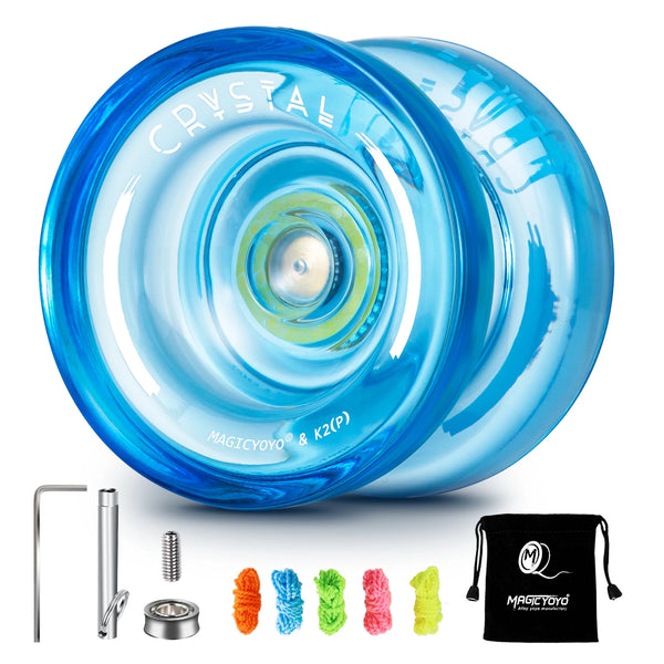 A blue crystal plastic yo-yo with a silver string and accessories shown.