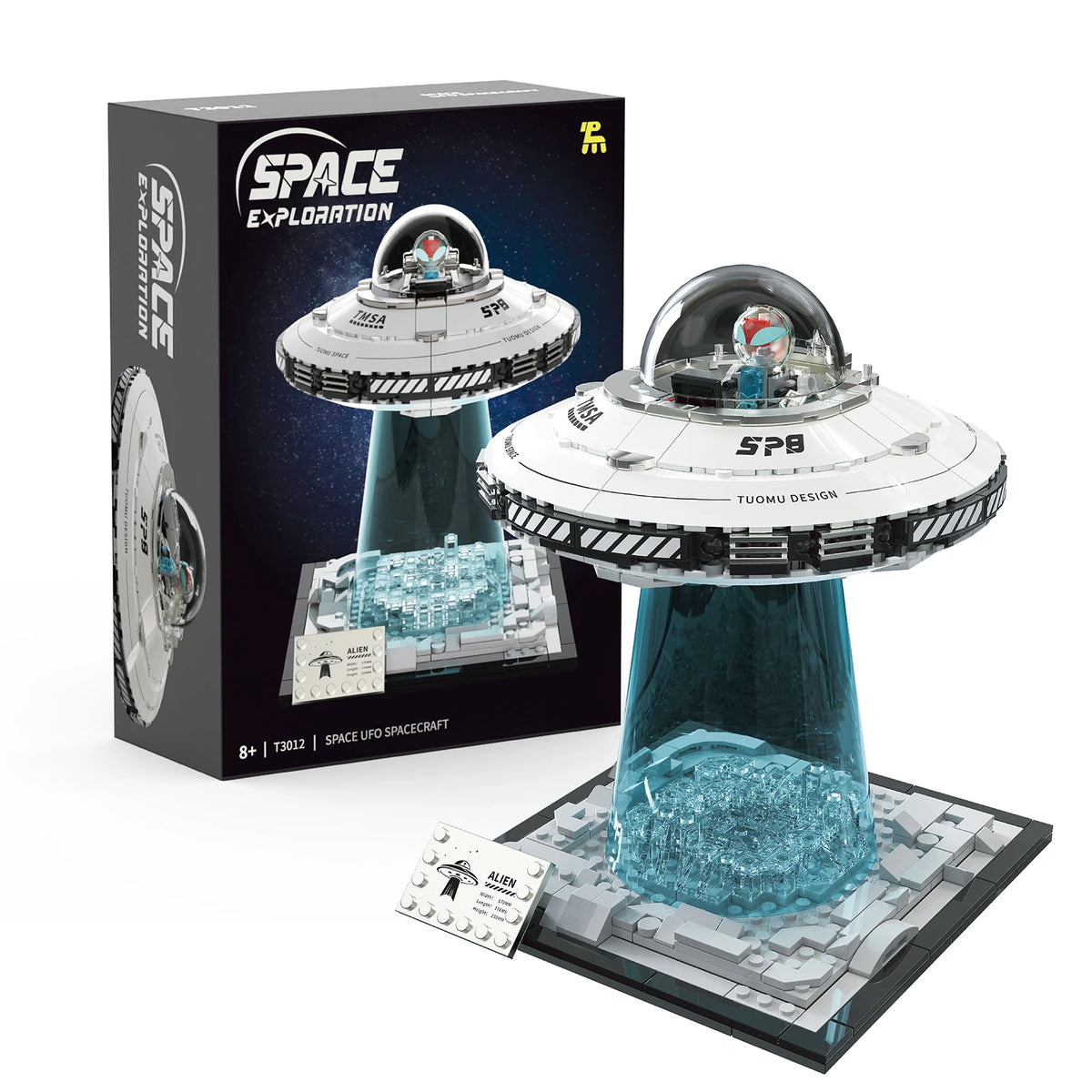 A box set for building a UFO alien spaceship model featuring a detailed spacecraft and a clear blue liquid display.