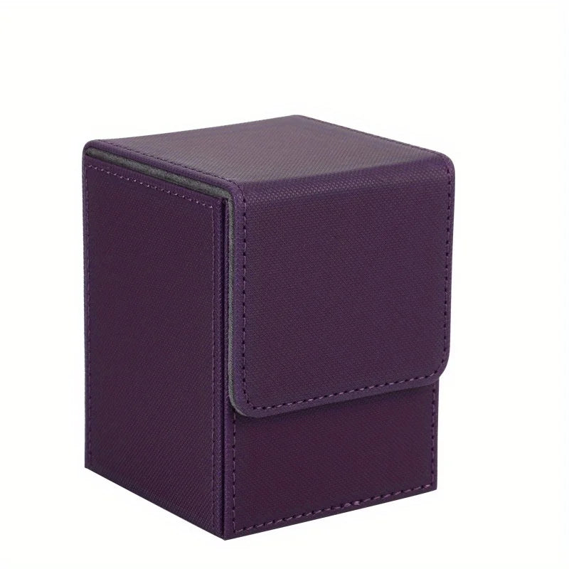 A dark purple leather deck box with a textured finish and a stitched edge.