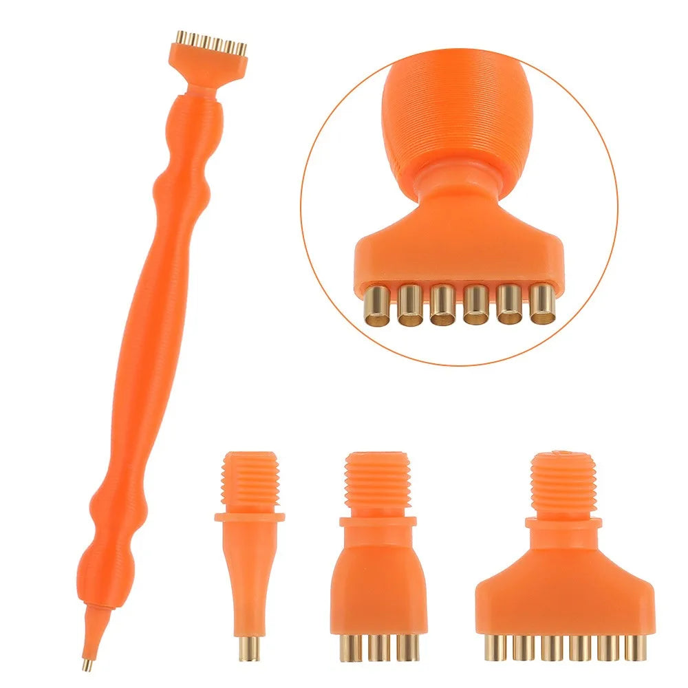 Orange precision diamond painting pen with replacement tips shown in various forms