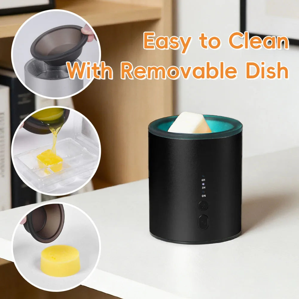 A black electric wax melt heater with a removable dish is shown next to yellow wax melts.