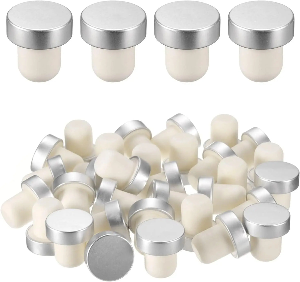 A set of ten reusable T-shaped wine bottle stoppers in silver and white plastic.