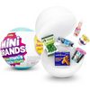 A collection of Mini Brands collectible toys including a bottle, a green item, and a package of pretzel dogs.