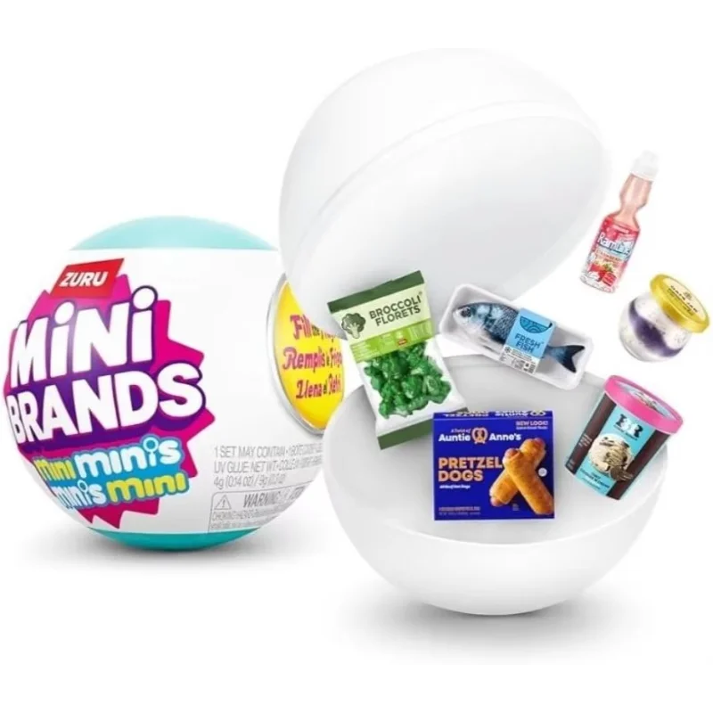 A collection of Mini Brands collectible toys including a bottle, a green item, and a package of pretzel dogs.