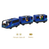 A blue battery-powered magnetic wooden train set with a figure on the train and controls labeled Forward, Back off, and Batte